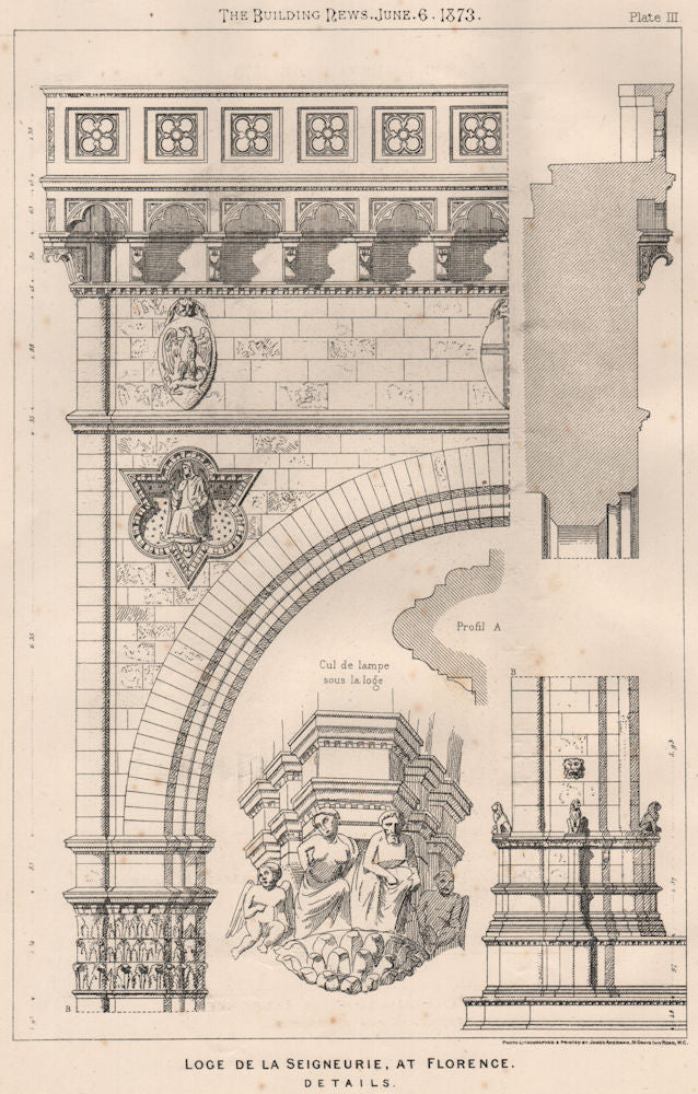 Loge de la Seigneurie, at Florence, details. Italy 1873 old antique print